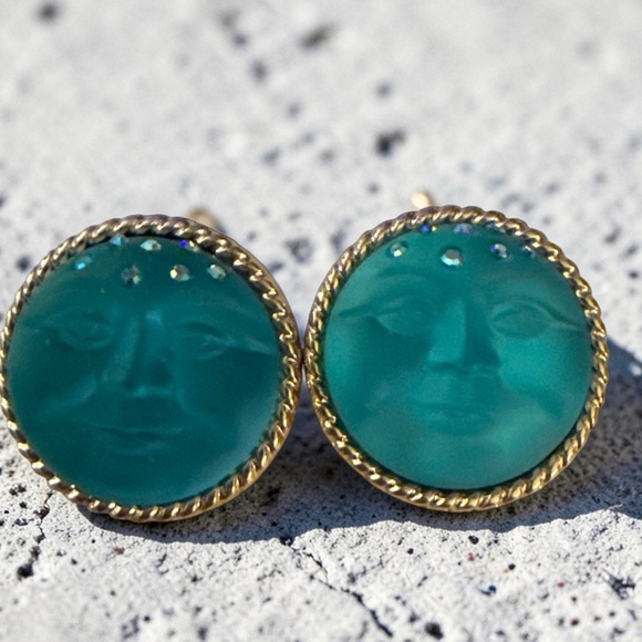 Kirks Folly Jewelry - Stunning Kirk's Folly Teal Moon Face Stud Earrings 3/4" Gold Tone Celestial NEW